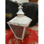 A white painted copper garden lantern, glass panels AF and in need of an overhaul, height 86 cm.