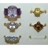5 x 9ct and 10ct gold gem set dress rings, weight 12g