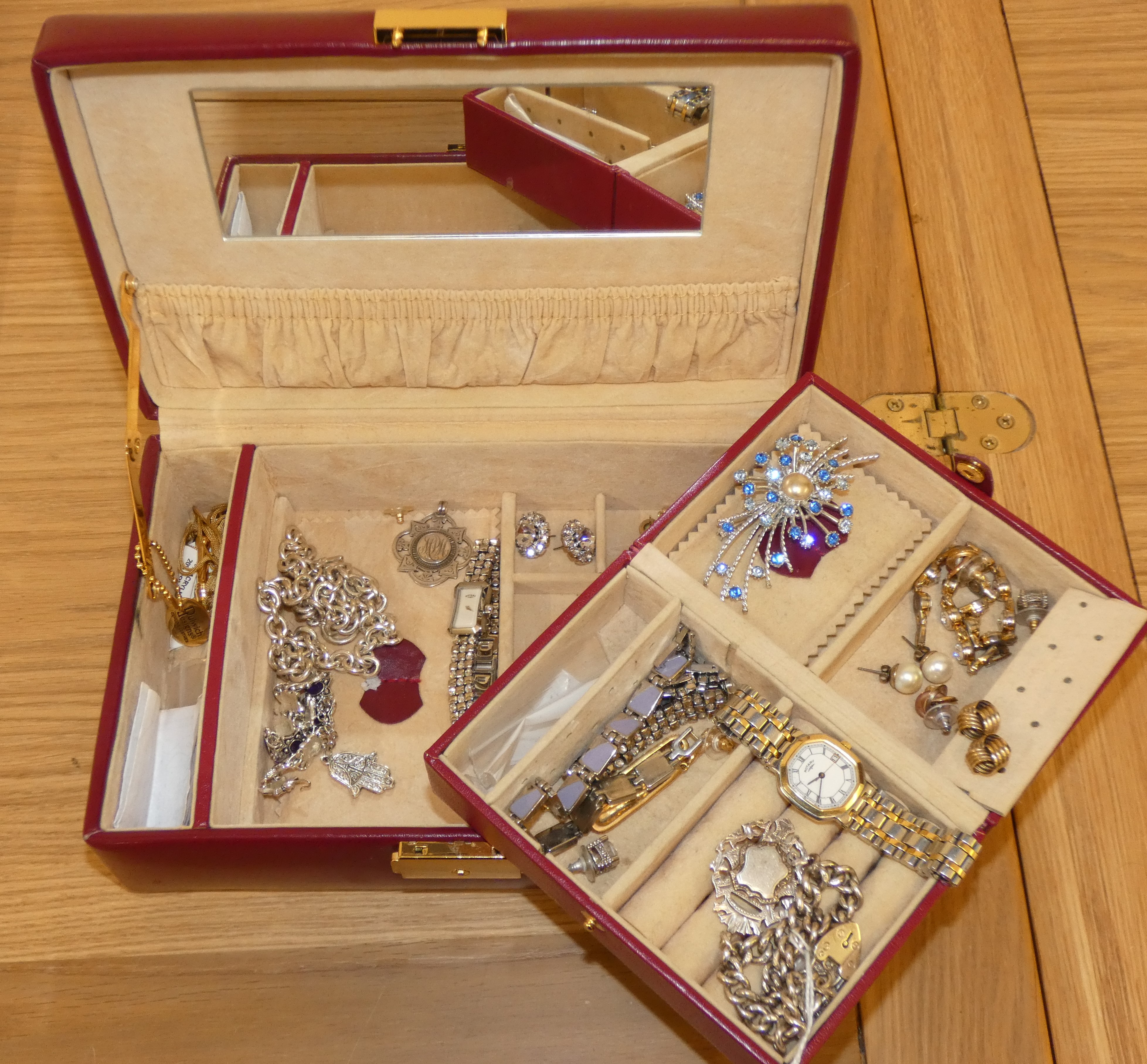 A silver curb link bracelet, two ladies Rotary wristwatches and other jewellery to a box