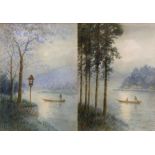 Yosuke, a pair of Japanese watercolours of night scenes on water, 32x24 cm