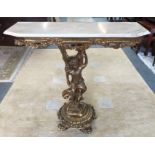 A marble topped consul table, raised on a cherub pedestal support, 82 x 27 x 77 cm. Please note that