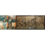 A Japanese woodblock print of Samurai warriors 35x73cm and 4 smaller prints 7x7cm (5)