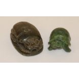 An Egyptian carved soapstone scarab beetle 9cm and a carved Malachite turtle (2)