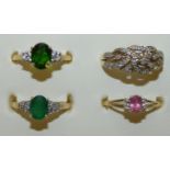 Four 9ct gold gem set rings, weight 9.5g