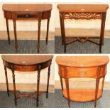 A reproduction painted mahogany demi lune side table, with ornate stretcher, 95 x 40 x 83 cm,