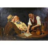 19th century English school, three men discussing The Times over a drink, oil on canvas, unsigned,