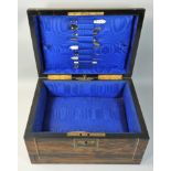 A Victorian Coromandel wood presentation sewing box, opening to reveal various mother of pearl tools