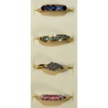 A 9ct gold sapphire five stone ring, size M 1/2, a 9ct gold emerald nine stone ring, size N 1/2, a