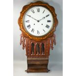 A Victorian walnut and boxwood inlaid drop dial wall clock, the 11 and a half inch dial with Roman