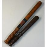 A 19th century Hackney Police turned wooden truncheon, marked 'Hackney 39B', length 45cm, together