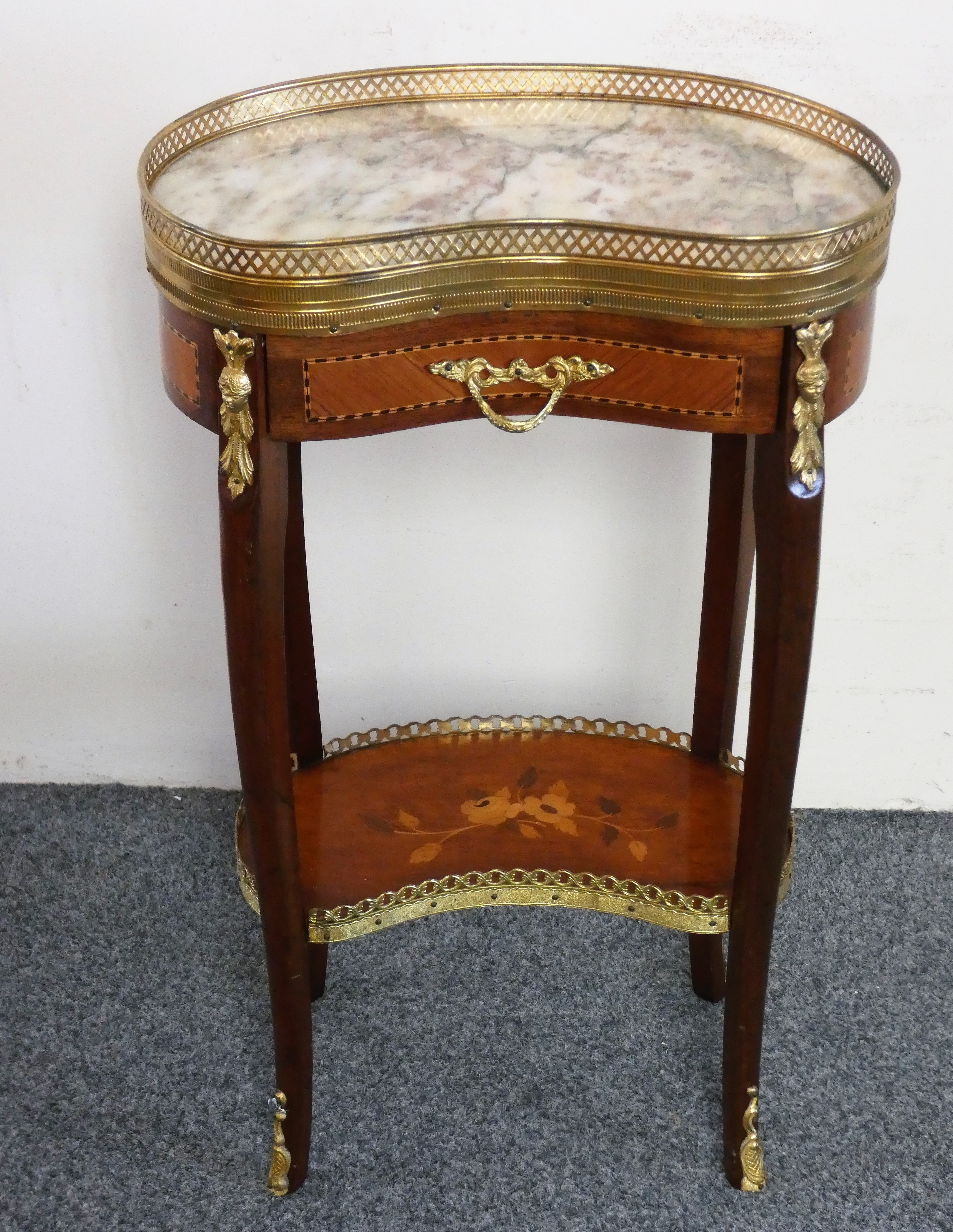 A French style kidney shape marble and mahogany side table, with brass gallery, frieze drawer, - Image 2 of 7