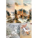 Five Japanese silk screen paintings depicting rural scenes, various lengths, various character
