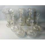 Three pairs of cut glass decanters with stoppers, four of together with a flower vase (7).