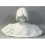 An Art Nouveau pottery bust of a maiden, by A Gory, model No. 3129, downcast contemplative gaze, her