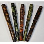 A Caesar brown mottled fountain pen, three other mottled fountain pens, New Diamond Deluxe, Summit