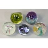 Five glass paperweights by Caithness Scotland, to include 'Chrysalis' No. 678/750, 'Fountain', '