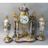 A 19th century French clock garniture, the white enamel dial with Arabic numerals, the unsigned