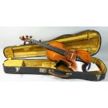 A French violin, unsigned, with two piece maple back, carved scroll and ebony pegs, maple ribs,