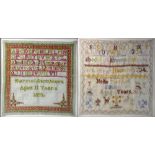 A sampler, Nellie Turnbull, Kilham, 1914, alphabet and animals, 40 x 45cm framed and another Harriet