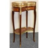 A French style kidney shape marble and mahogany side table, with brass gallery, frieze drawer,