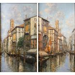 P. Amoto (contemporary), Venice canal scenes, a pair, oil on board, signed, gilt frame, 43 x 23cm.