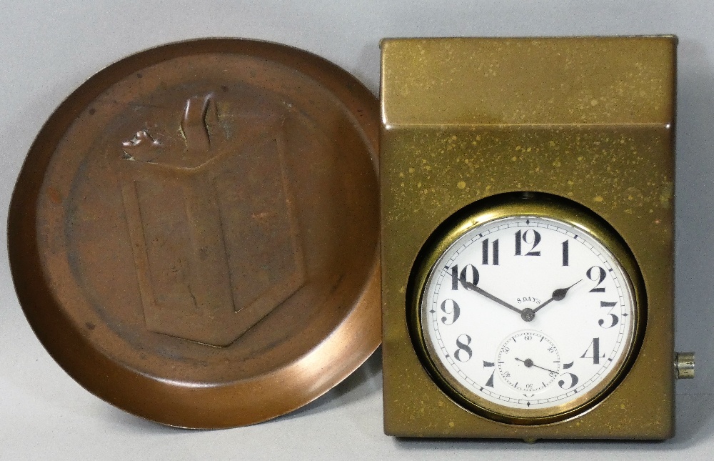 A vintage eight day large pocket watch, within a brass dashboard mount together with Pratts motor