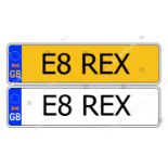 Cherished number E8 REX, held on a retention document, expires 16/04/2025, purchaser liable for