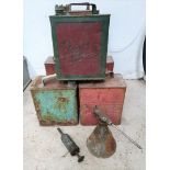 Seven vintage petrol cans with brass caps, I x shell, 2 x Pratts, 4 x plain together with two grease