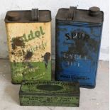 Two vintage cans, Cyldol antifreeze and Spur together with Roberts tyre repair outlet tin (3).