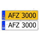 Cherished number AFZ 3000, held on a retention document, expires 27/08/2028, purchaser liable for
