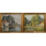 A K.Johnson oil on board of farmstead with pond and a village scene with stream (2).