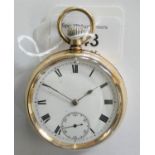 A 14ct gold filled open face keyless wind pocket watch, white enamel dial.