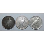 Three USA Liberty silver dollars, 1922 x 2, 1923