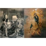 An early 20th century gilt framed prints. Virgin mother 91 cm x 72 cm,'Choir Class' 99 cm x 73 cm (