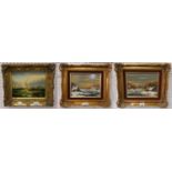 A pair of gilt framed oil on board paintings of winter scenes, together with an oil on board,