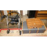 A wicker picnic hamper together with a travelling trunk and walking aid (3)