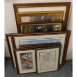 A collection of ten framed pictures, including prints and a woolwork.