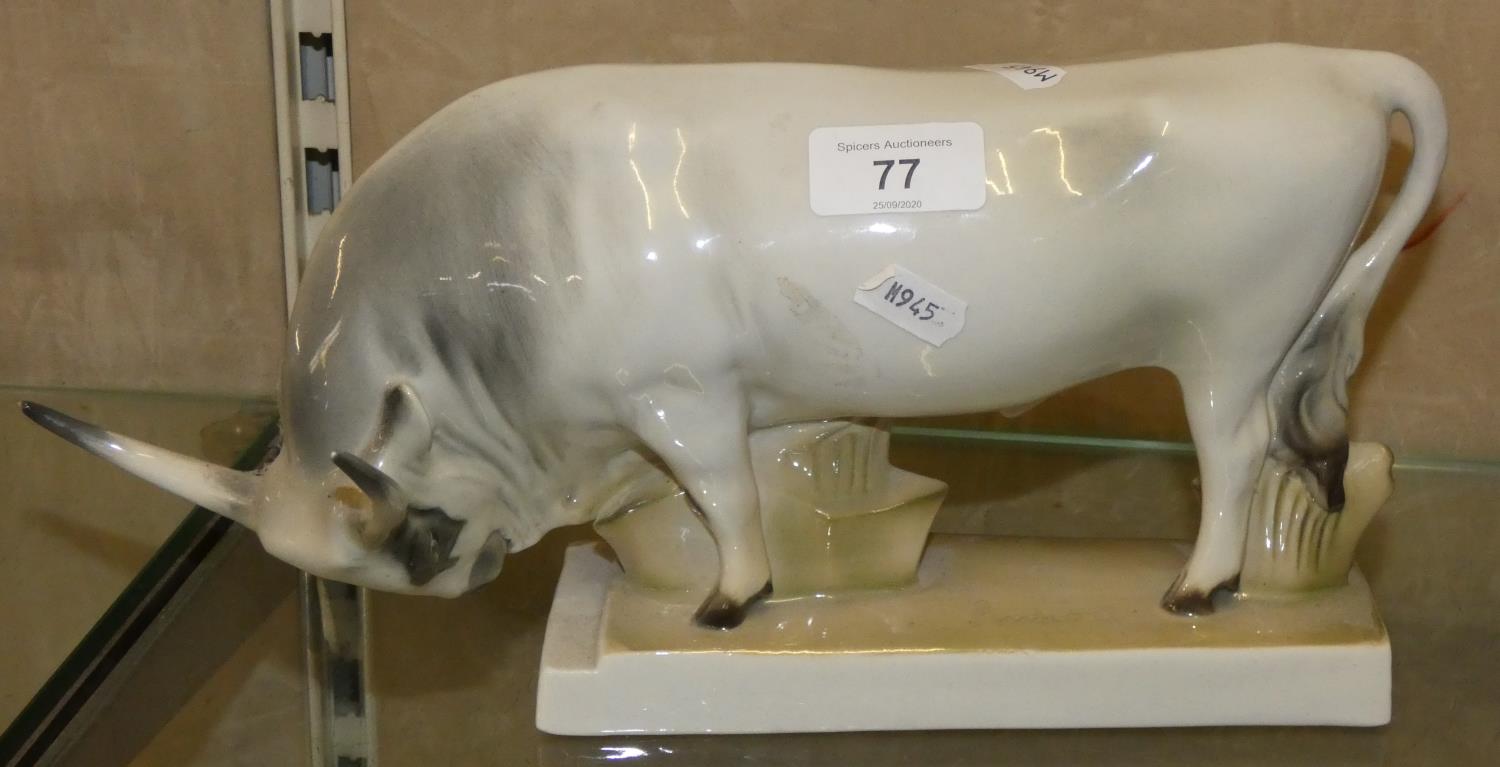 A ceramic model of a bull by Z.Solnai Pecs (Hungry), 32 cm long x 15 cm high.