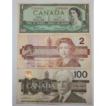 Canada 100 dollar note, 1988, 2 dollar, 1986 and 1 dollar 1954 (3).