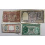 Hong Kong 1 dollar note 1958, Malaya 50 cents 1941, 1 dollar 1953 and India 10 Rupees (4).