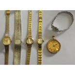 A 9ct gold key less wind fob watch and 5 ladies wristwatches