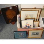A box of prints, oil, watercolour, embroidery together with wooden screen etched with portrait of