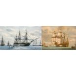 Two framed navy prints "The Mary Rose off Southsea Castle" signed, and "Nelson rejoins the Victory"