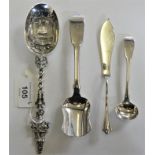 A Victorian Scottish silver fiddle pattern sugar spoon, Edinburgh 1838, a Dutch silver spoon,