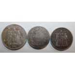 French silver 5 Franc, 1843, 1873 and a 50 Franc 1974 (3).