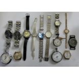 A ladies 9ct gold manual wind wristwatch, a silver fob watch and other watches.