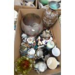 Royal Doulton character jugs and figurines, oriental ginger jar, glass flower vase and other items.