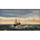 Oil on board, Trawler At Sea, signed lower right Arthur.A. Pank, gilt framed 27 x 43 cm.