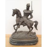 A 19th century spelter figure of a mounted knight, raised on a wooden plinth, 40 cm, split to the
