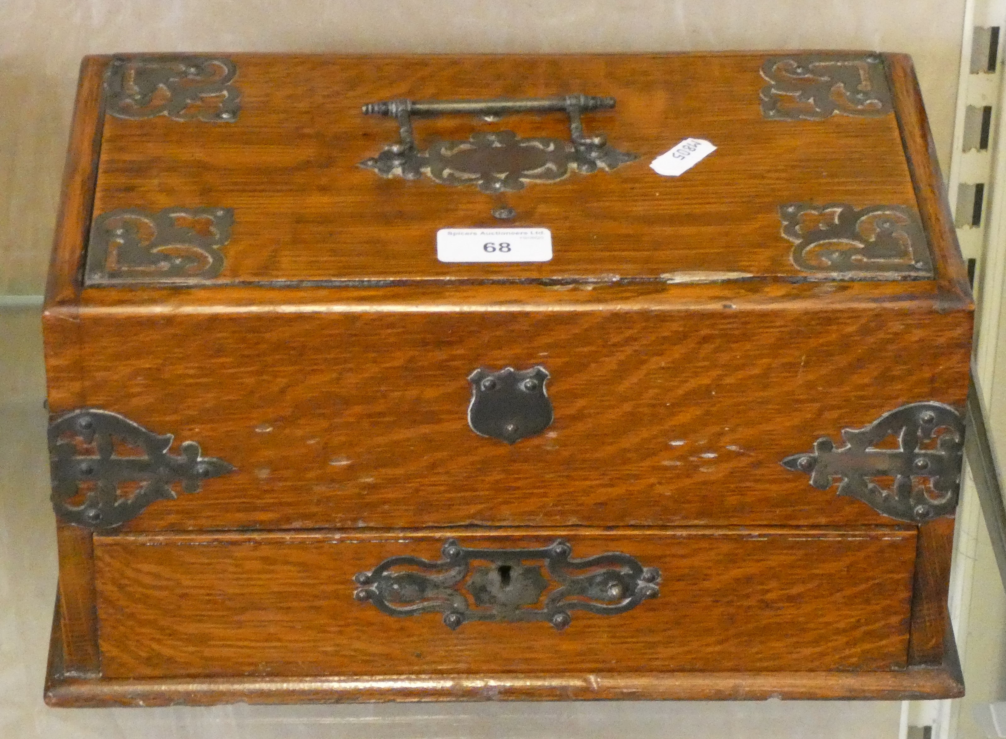A Victorian oak & brass cigar and cigarettes desktop humidor box, RD number 225578, 31 cm long x